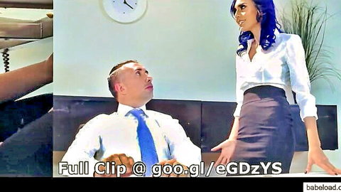 Purple haired office babe in tight skirt teases suited boss with hands on hips