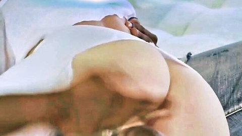Black hand spreading massive white girl's huge round ass exposing pink anus and pussy