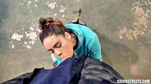 Brunette in hoodie gives outdoor blowjob on Czech streets