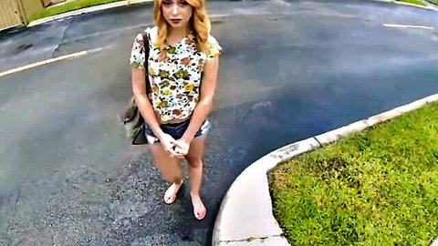 Hot big ass blonde teen in short shorts and tank top standing outdoors, paid for stranger fuck POV