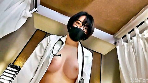 Busty Japanese nurse in open white lab coat exposing massive bare tits with glasses and black mask