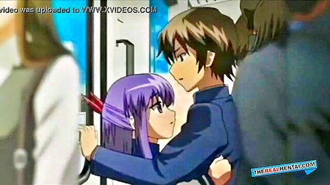 Hentai couple embracing on train, cute purple-haired schoolgirl and boy in uniforms