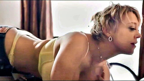 Blonde MILF in yellow lingerie exposing ass in taboo stepmom scene