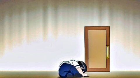 Anime schoolgirl in uniform kneeling submissively by door in Kanojo x Kanojo x Kanojo