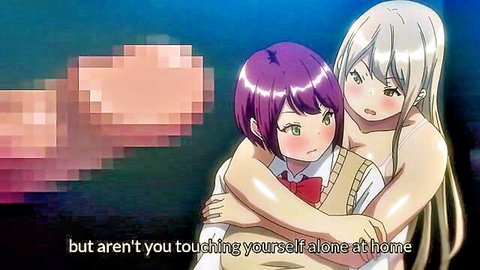 Anime girls in censored intimate embrace, purple-haired schoolgirl hugs white-haired beauty teasingly
