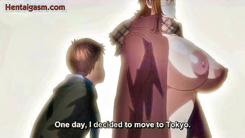 Hentai anime woman with massive exposed breasts towering over young boy in coat
