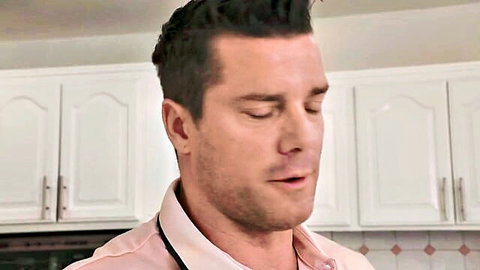 Handsome stepdad in pink shirt, intense gaze - Goddess Selene teen anal