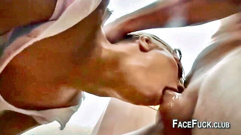 Asian woman with glasses in rough facial cumshot, mouth full of semen