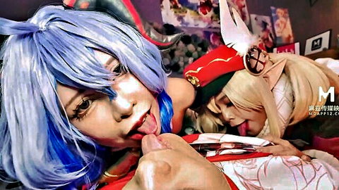 Cosplay lesbians: blue-haired fox girl and blonde elf in explicit fingering and oral play