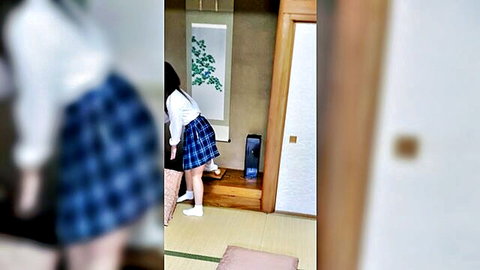 Japanese schoolgirl bending over plaid skirt up exposing white panties ass