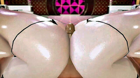Two glossy hentai girls bent over spreading shiny asses with black thongs aside and thick tan dildo between wet pussies