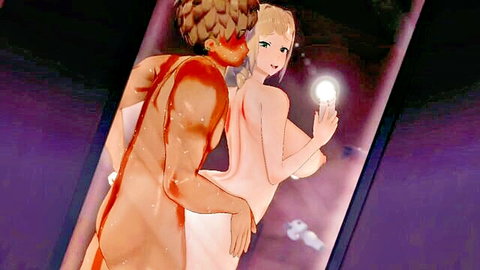 Busty elf mama hentai scene with muscular lover embracing nude