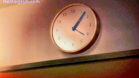 Close-up of gold wall clock showing 11:50 on reddish wall in hentai video with site watermark