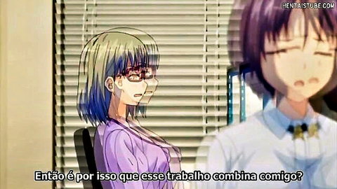 Busty hentai girls with glasses and purple hair chatting seductively in office about job fit