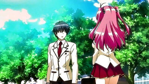 Pink-haired anime teen schoolgirl in short red skirt bending over teasing suited boy outdoors