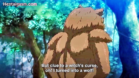 Hentai anime girl transformed into wolf by witch's curse in forest