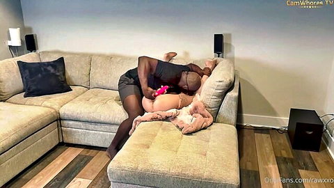 Japanese babe fucked from behind by black stud with pink toy on cam