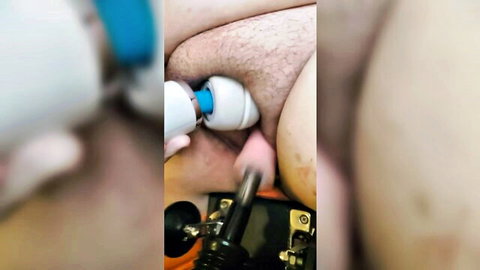 Overweight BBW masturbating hairy pussy with fucking machine and wand vibrator