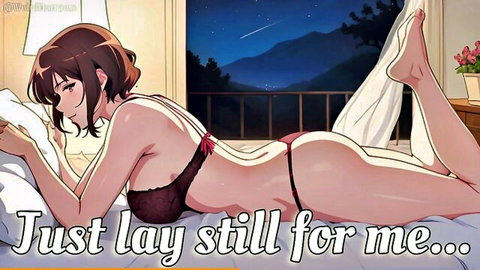 Anime girlfriend in black lingerie lying seductively on bed, reading and teasing