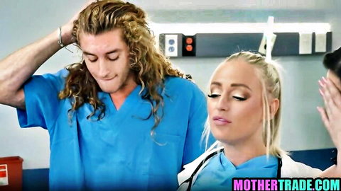 Blonde nurse in hospital scrubs with long-haired doctor in steamy step family foursome