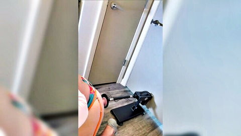 Woman's small butt in pink bikini teased by sex machine first time