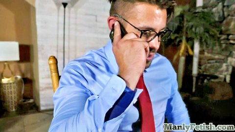 Suited man on phone in office fetish scene, softcore duo tease