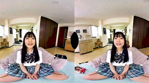 Cute Japanese schoolgirl in sailor uniform spreads legs in teasing POV VR