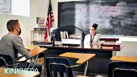 Texas Patti as masked teacher with student in classroom roleplay