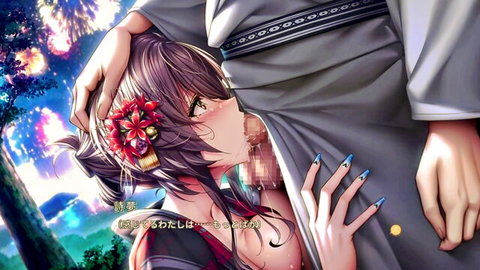 Anime girl in kimono sucks censored cock while hand gropes her exposed tit under fireworks