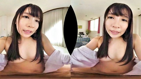 Asian woman with long hair exposing breasts in open robe, VR POV solo tease