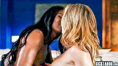 Cory Chase in hot lesbian kiss with black beauty, nude embrace