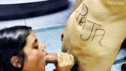 Latina stepsister giving blowjob to guy with body writing in hot amateur vid