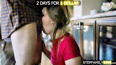 Blonde stepdaughter seducing stepdad with teasing oral in red top