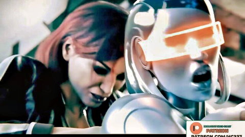 Hentai animation thumbnail: red-haired woman with android shemale in intense close-up