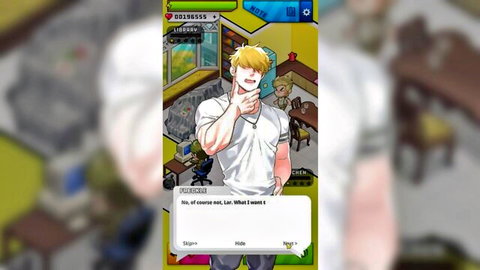 Muscular blonde anime hunk thumbs up in gay kitchen game scene
