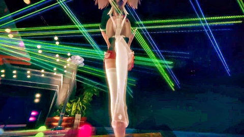Junko Enoshima POV in revealing green outfit and white thigh-high stockings under neon lights