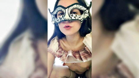 Masked Asian woman in white top teases POV blowjob with pouty lips