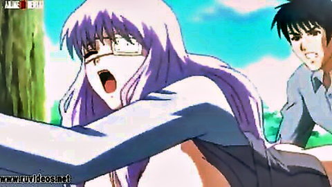 Purple-haired anime girl with glasses shocked expression in Boin episode 2 hentai