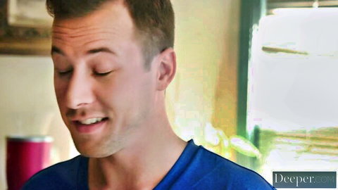 Donnie Rock smiling in blue t-shirt from Kenzie Reeves hardcore sex video