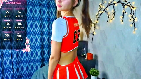 Felony_rone, shy 18yo blonde skinny model in sexy cheerleader outfit, teasing cam pose