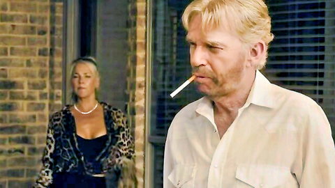 Ali Larter sexy leopard top cleavage with Billy Bob Thornton smoking in Landman