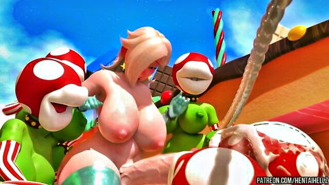 Busty nude Princess Peach with huge tits groped by Goombas and glazed in thick cumshot in 3D hentai