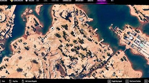 Aerial satellite view of sandy coastal map with docks buildings and water in battle royale video game