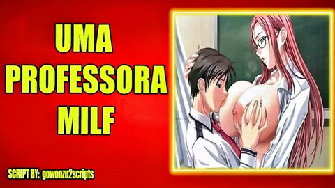 Anime MILF teacher with huge redhead tits presses student's face in cleavage