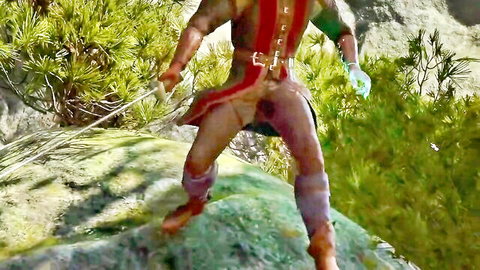 Trans beauty in Baldur's Gate 3 cosplay, muscular figure in leather armor during village battle