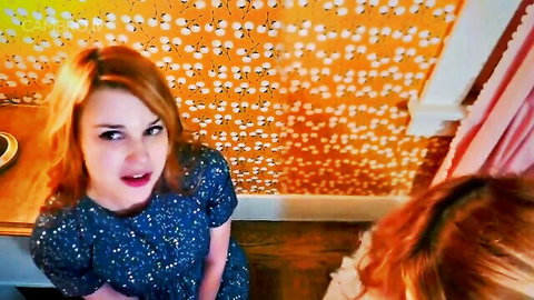 Redhead twins in blue polka dot dress, seductive daddy play