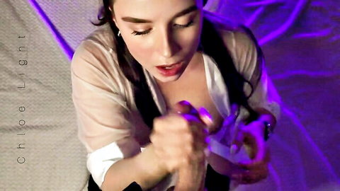 Chloe Night teases with open mouth and sheer top in blowjob scene