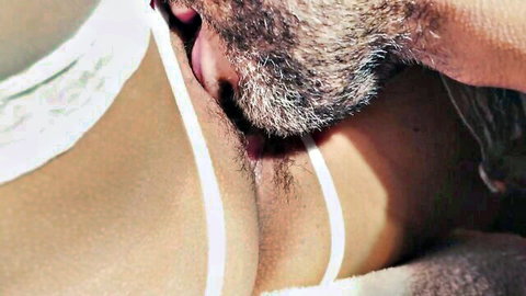 Bearded man licks MILF pussy in white lace panties to climax