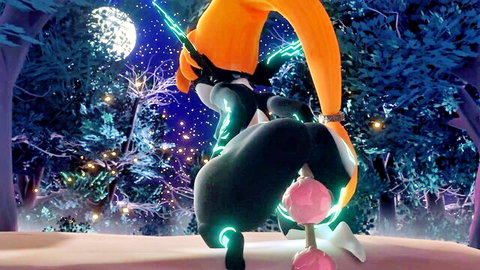 Midna from Zelda bent over in erotic forest scene with beads, glowing fantasy pose