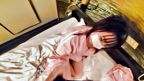 Petite 149cm Japanese girl blindfolded in pink outfit on bed